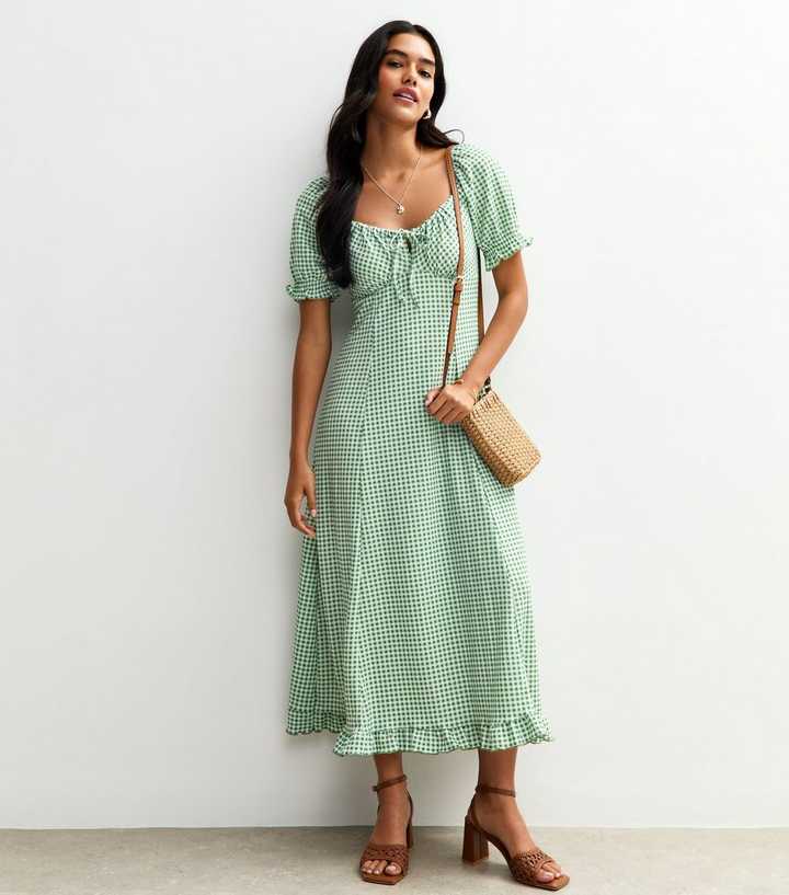 Green Gingham Print Crinkle Texture Milkmaid Midi Dress Green Gingham Print Crinkle Texture Milkmaid Midi Dress