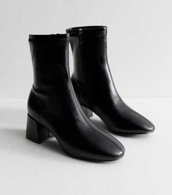 Black Faux Leather Block Heel Ankle Boots
