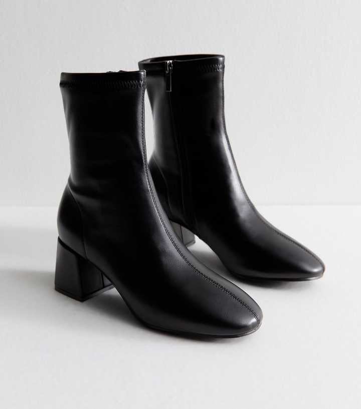 Black Faux Leather Block Heel Ankle Boots
