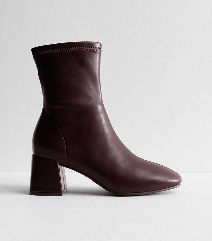 Dark Burgundy Faux Leather Block Heel Ankle Boots