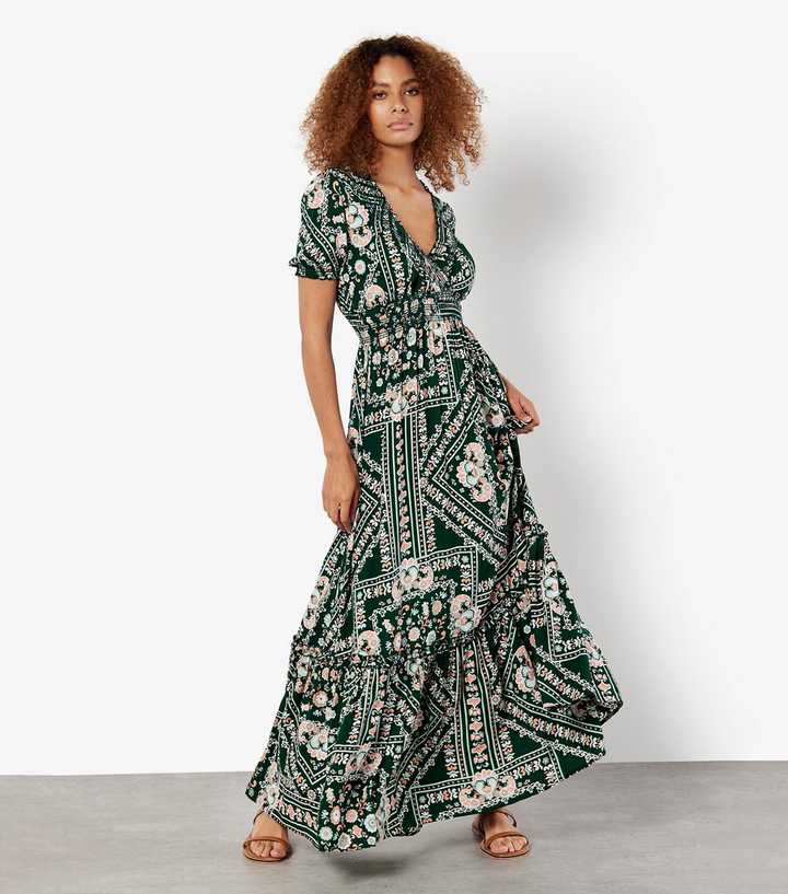 Apricot Green Abstract Print Maxi Dress
