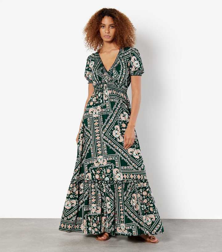 Apricot Green Abstract Print Maxi Dress