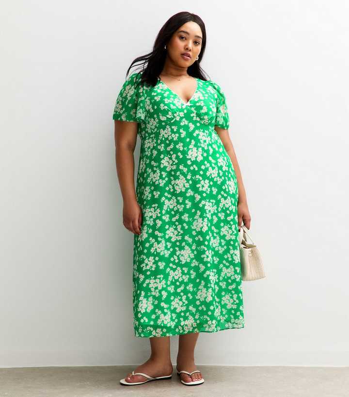 Curves Green Floral Print Chiffon Midi Dress