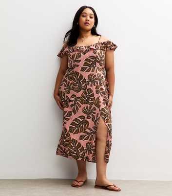 Curves Brown Leaf Print Midi Dress