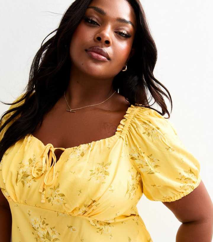 Curves Yellow Floral Print Milkmaid Top