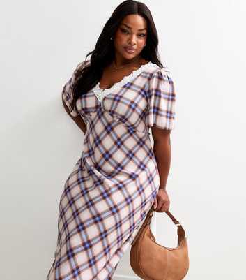 Cream Check Patterned Lace Trim Midi Dress