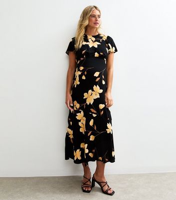 Maternity Black Floral Print Midi Tea Dress
