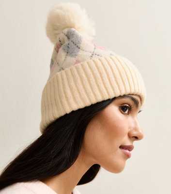 Cream Argyle Bobble Beanie