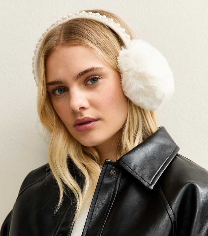 Cream Faux Pearl and Bead Embellished Faux Fur Earmuffs