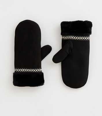 Black Faux Suede and Faux Fur Trim Mittens