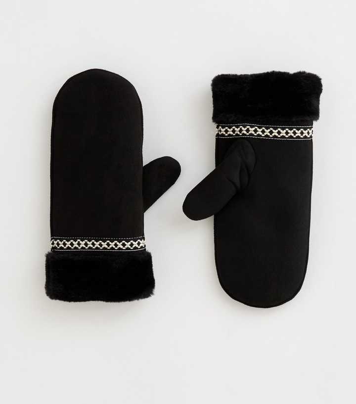 Black Faux Suede and Faux Fur Trim Mittens