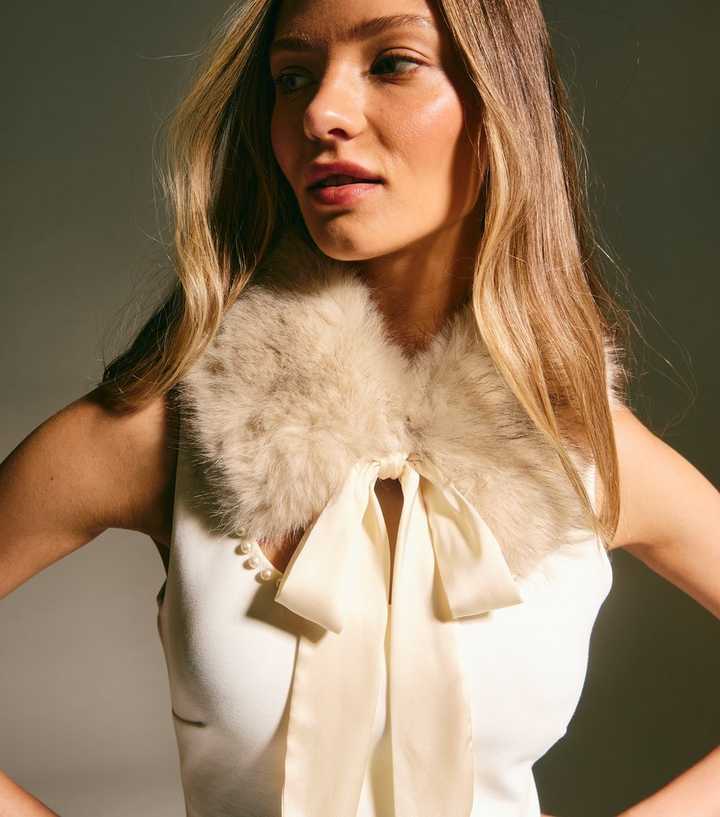 Cream Tie Up Faux Fur Collar
