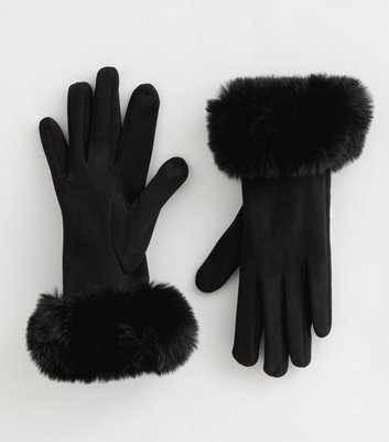 Black Faux Fur Trimmed Heart Detail Gloves