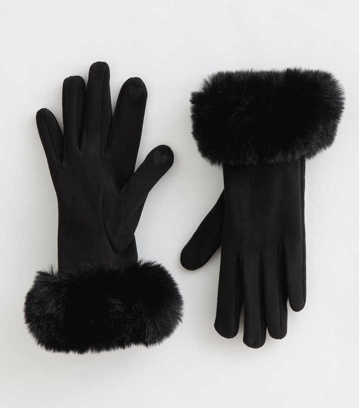 Black Faux Fur Trimmed Heart Detail Gloves