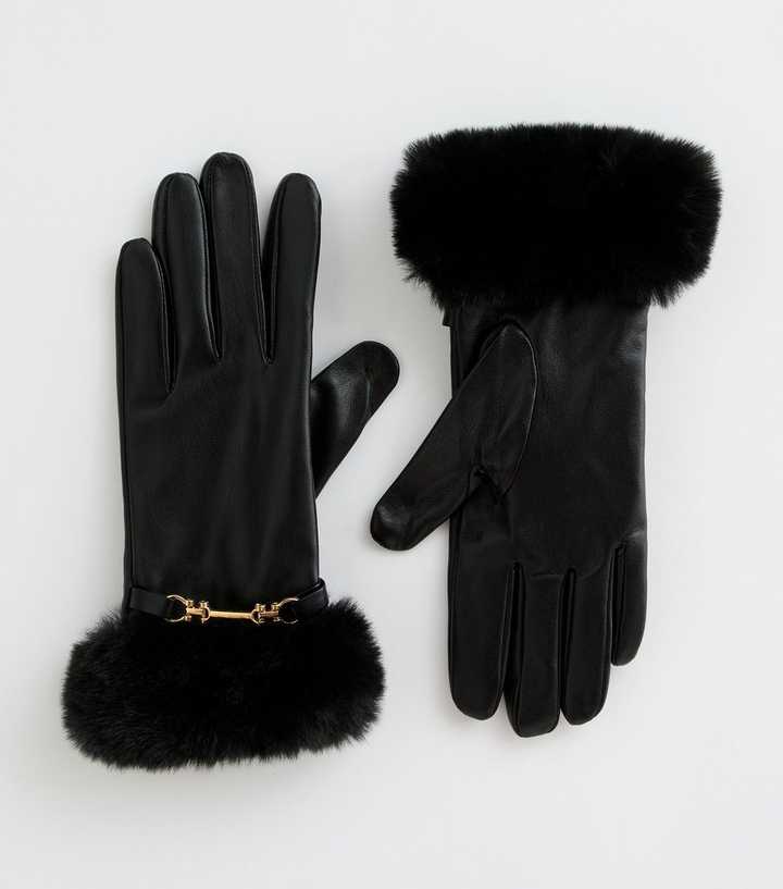 Black Faux Fur Trimmed Faux Leather Gloves with Chain