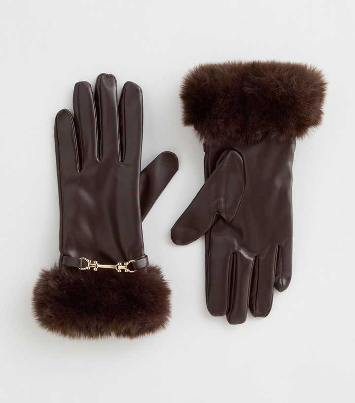 Brown Faux Fur Trimmed Faux Leather Gloves