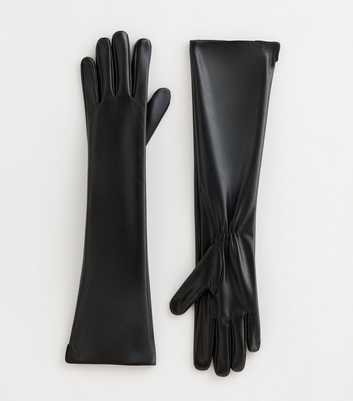 Black Long Ruched Faux Leather Gloves
