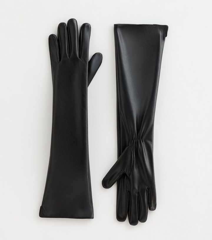 Black Long Ruched Faux Leather Gloves
