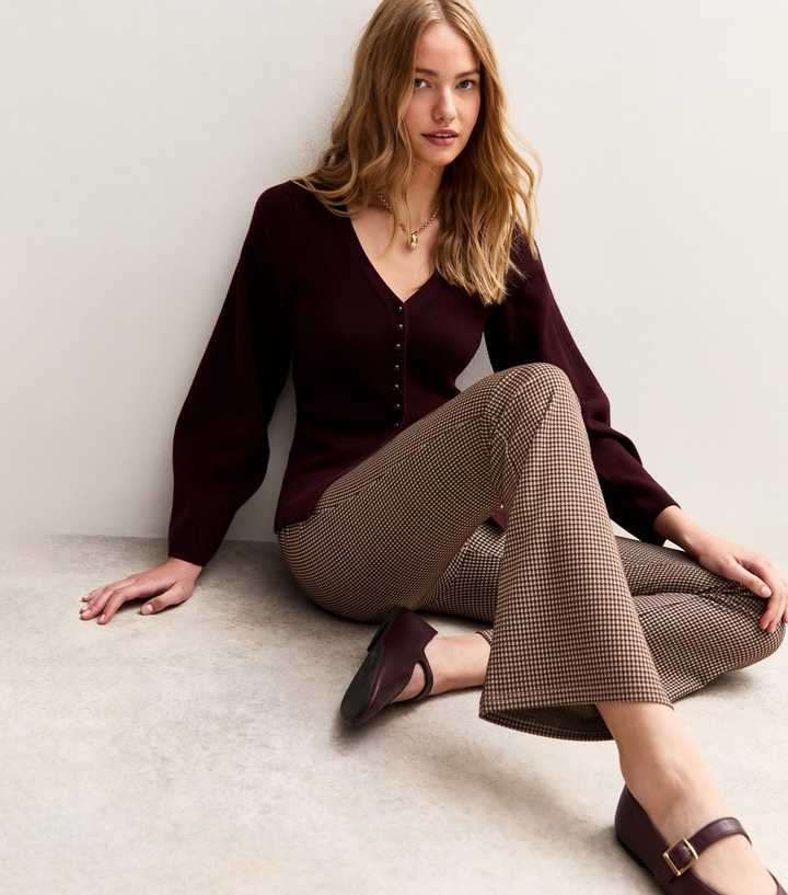 Brown Jacquard Dogtooth Flared Leg Trousers