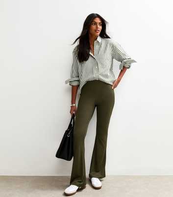 Khaki Ribbed Jersey Flared Trousers