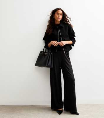 Black Ribbed Wide Leg Trousers