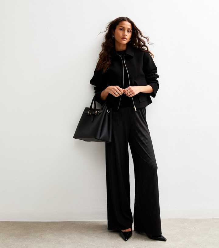 Black Ribbed Wide Leg Trousers