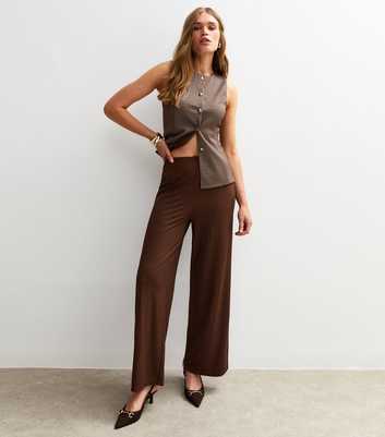 Brown Ribbed Wide Leg Trousers