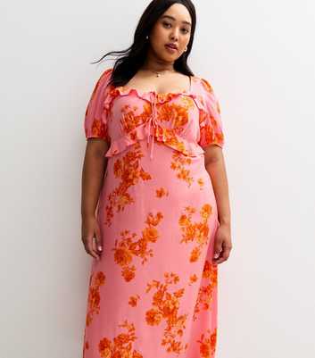 Curves Pink Floral Print Ruffle Trim Milkmaid Midi Dress