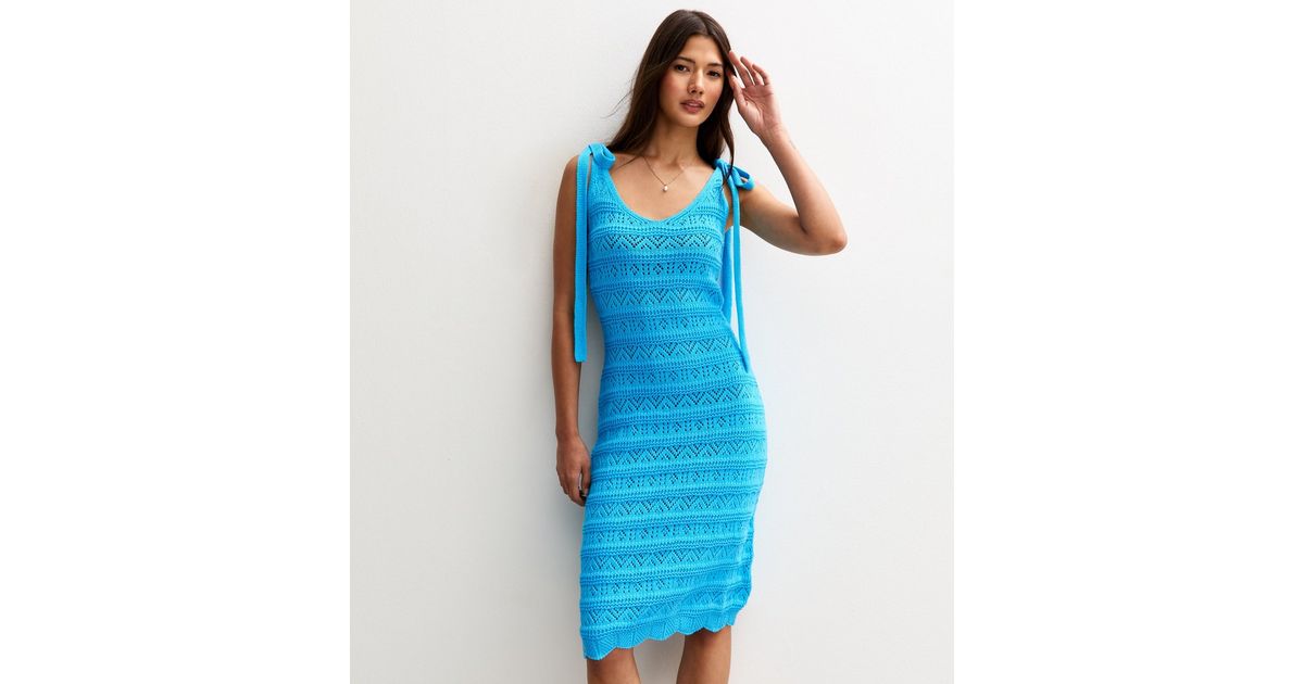 Sunshine Soul Bright Blue Crochet Knit Mini Dress | New Look