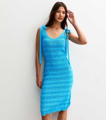 Sunshine Soul Bright Blue Crochet Knit Mini Dress