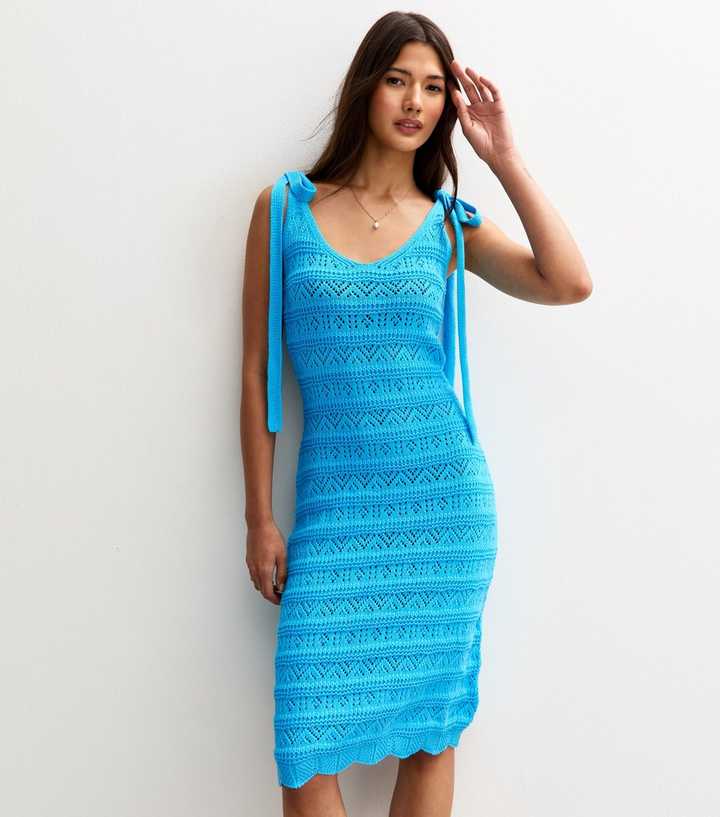 Sunshine Soul Bright Blue Crochet Knit Mini Dress