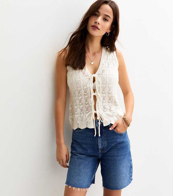 Sunshine Soul White Crochet Knit Tie Front Vest