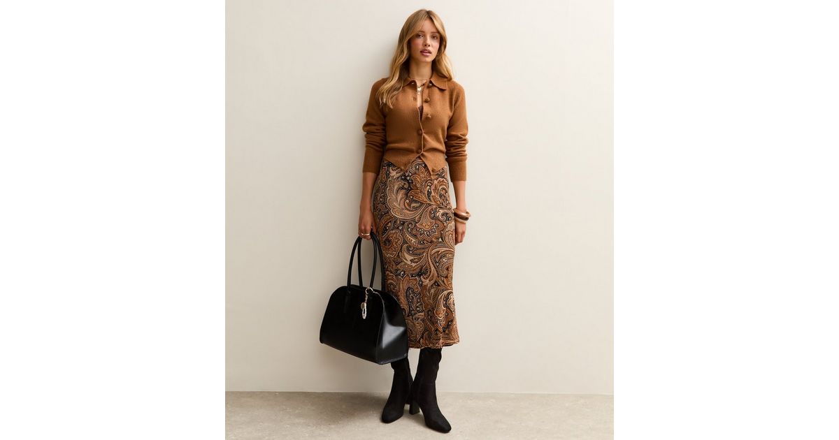 Brown Pattern Print Chiffon Bias Cut Midi Skirt | New Look
