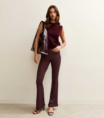 Tall Dark Burgundy Rib Jersey Flared Trousers