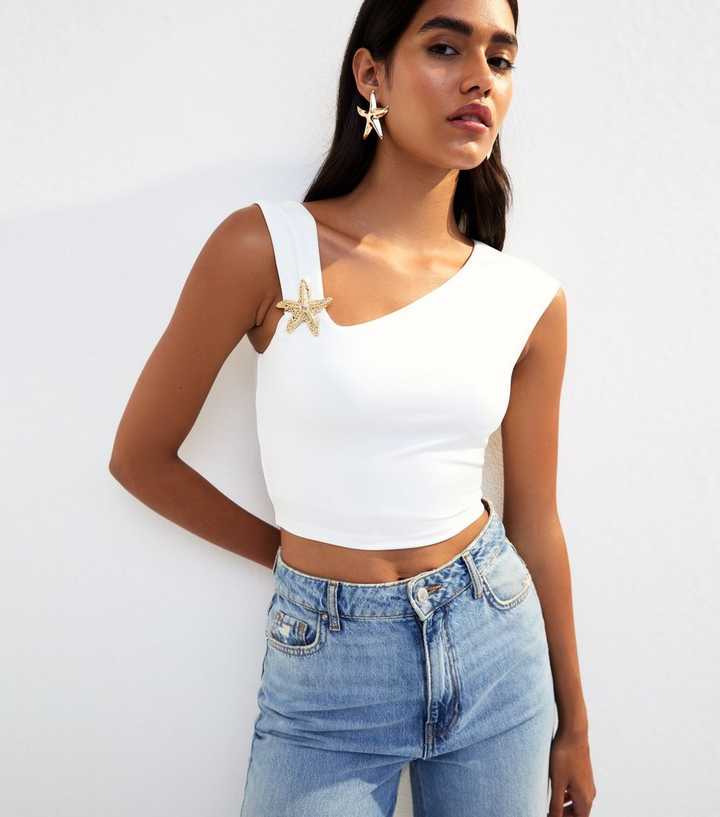 Off White Starfish Applique Asymmetric Neckline Top