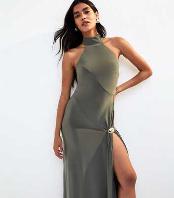 Khaki Asymmetric Panelled Halterneck Midi Dress