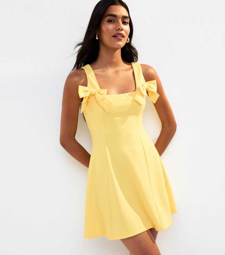 Light Yellow Bow Detail Flared Mini Dress
