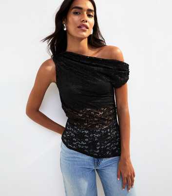 Black Lace Frill Fallen Shoulder Top