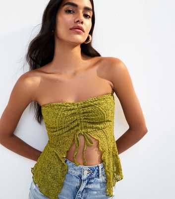 Light Green Lace Ruched Slit Hem Bandeau Top