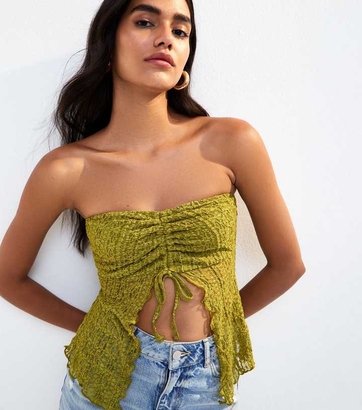 Light Green Lace Ruched Slit Hem Bandeau Top