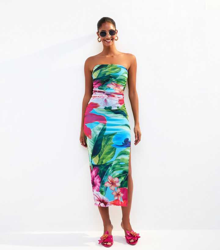 Blue Tropical Print Mesh Bandeau Dress