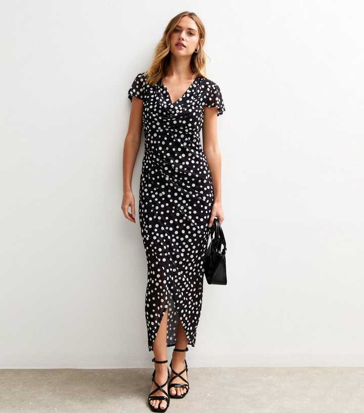 Black Polka Dot Print Cowl Neck Midi Dress