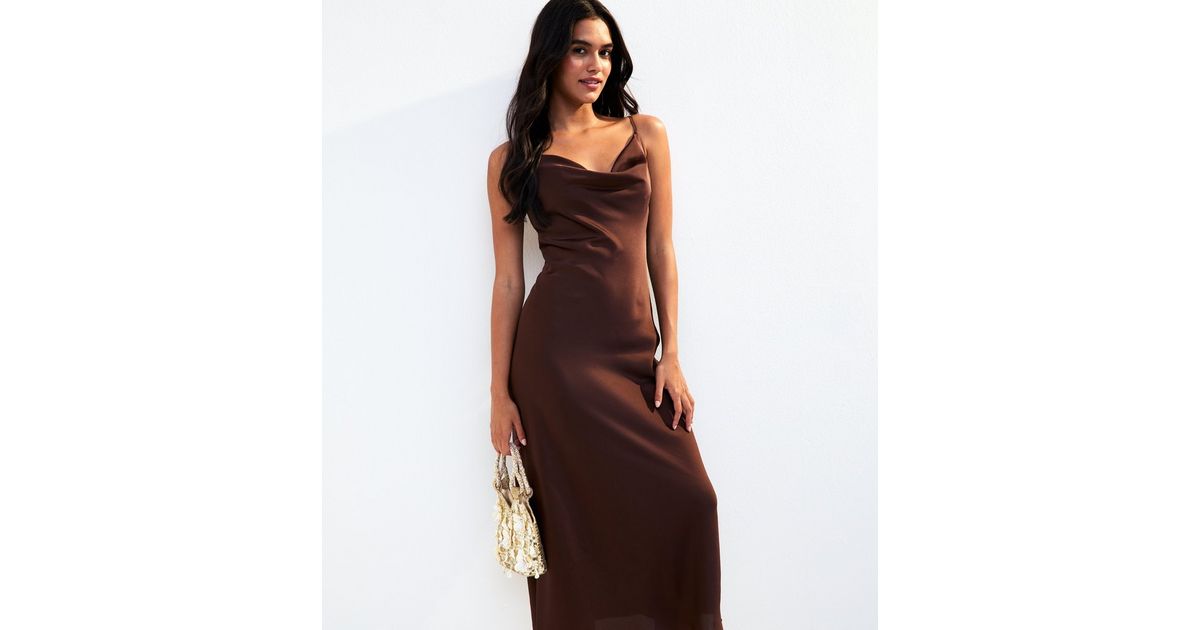 brown check cowl neck midi dress Brown Cowl Neck Dress for Women  Party Wear
