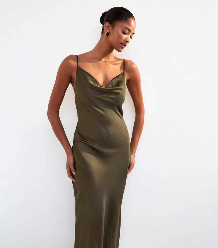 Dark Khaki Satin Cowl Neck Midi Dress Dark Khaki Satin Cowl Neck Midi Dress