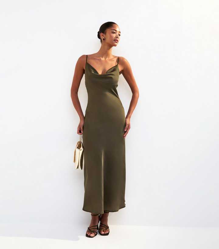 green sweater dress plus size Neon Green Satin Cowl Neck Bodycon Midi Dress main image 1