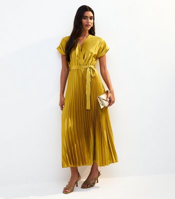 Light Green Satin Pleated Skirt Wrap Midi Dress