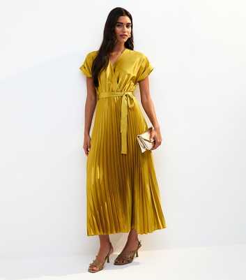 Light Green Satin Pleated Skirt Wrap Midi Dress