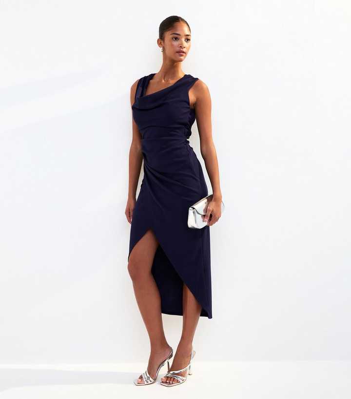 Navy Scuba Cowl Neck Cut Out Back Midi Dress