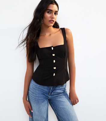 Black Square Neck Metallic Button Top