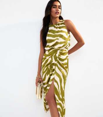 Green Zebra Print Satin Slit Hem Midi Dress